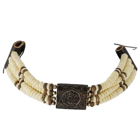 Bohemian Multi-Strand Beaded Choker — Carved Center Panel, Bone-Tone & Wood Bead