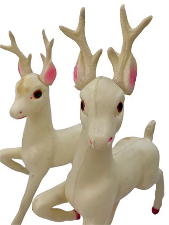 Pair of Made in Japan Cream & Pink 12.5” Vintage Reindeer Decorations
