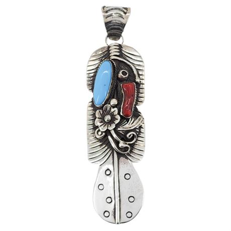 VICTOR HICKS Navajo Sterling Silver Turquoise & Coral Oversized Feather Pendant