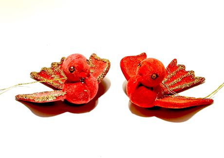 Vtg Flocked Red Bird with Glitter Christmas Ornaments - 2