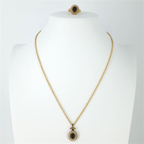 Avon Gold Tone Pendant Necklace & Matching Ring Set, Black Cabochon & Faux Pearl
