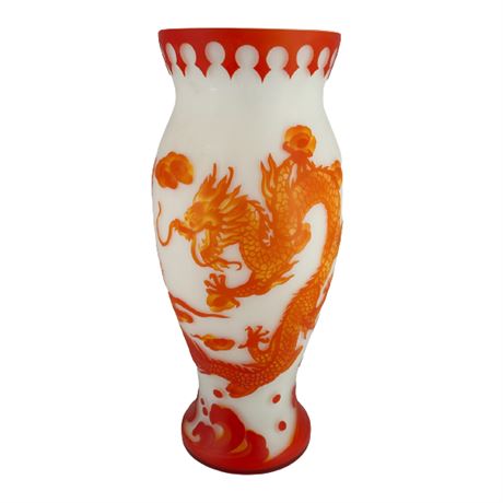 Galle Style Red Floral Overlay White Frosted Glass Vase