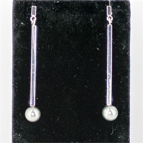 Long Modern Silver Bar Earrings with Faux Pearls