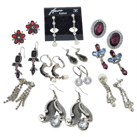 Eleven Pairs Vintage Silver Tone Rhinestone Pierced Earrings