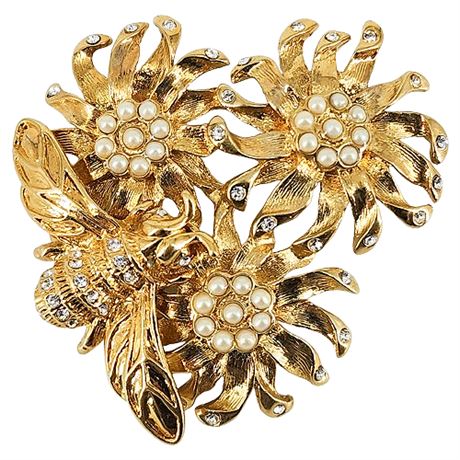 Vintage MONET Rhinestone & Faux Pearl Bee on Flowers Brooch
