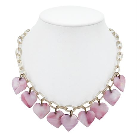 Vintage Clear Plastic Chain & Lavender Mother of Pearl Heart Charms Necklace