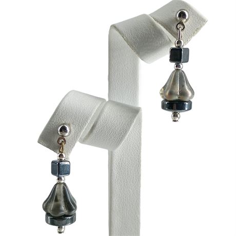 Silver-Tone Hematite and Sculptural Glass Drop Earrings