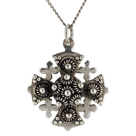 Vintage 900 Silver Jerusalem Cross Pendant Necklace