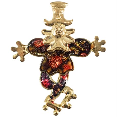 Vintage Articulated Glitter Enamel Harlequin Clown Brooch