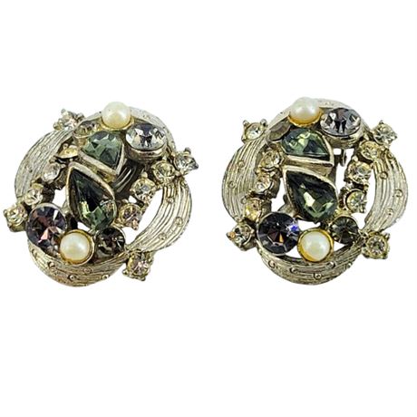 Vintage Rhinestone and Faux Pearl Clip-On Earrings