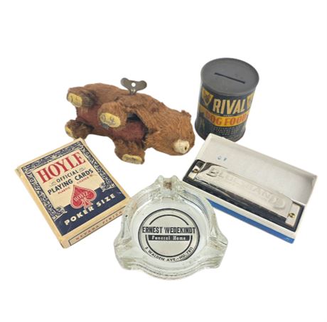 Misc. Lot, Harmonica, Kohler Wind-up Bear, Cards, VTG Ashtray