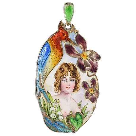 Vintage Art Nouveau Sterling Silver Hand Painted Enameled Pendant