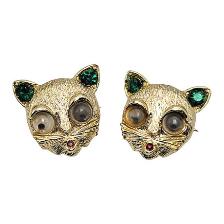Pair Vintage Googly Eye Rhinestone Cat Pins