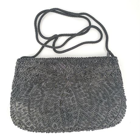 Vintage Black Beaded Evening Crossbody Bag