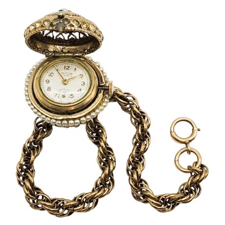 Vintage TAYLOR 17 Jewels Rhinestone & Faux Seed Pearl Bracelet Watch, Running