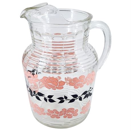 Vintage Hazel Atlas Pink & Black Flowers Glass Water Pitcher