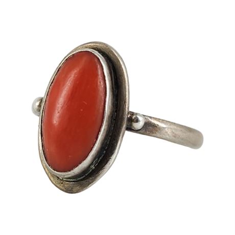 Unmarked Sterling Silver Coral Ring, Sz 6