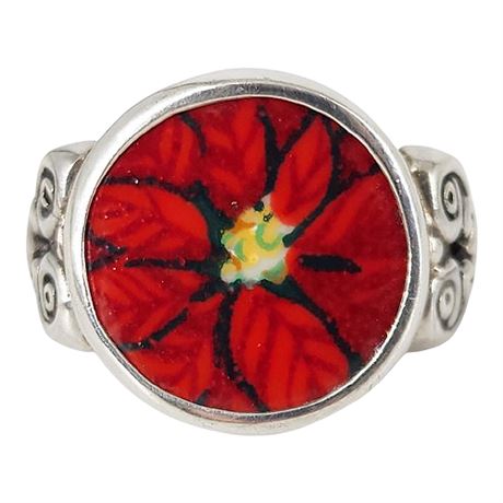 Sterling Silver Poinsettia Pottery Ring, Sz 5.75