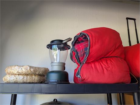 Lot 5 shelf buy-out - Outdoor Camping Items - lantern, red sleeping bag, Radio