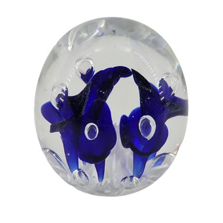 Joe Rice Paperweight Cobalt Blue Flowers Bubble Orb Stamped Bottom
