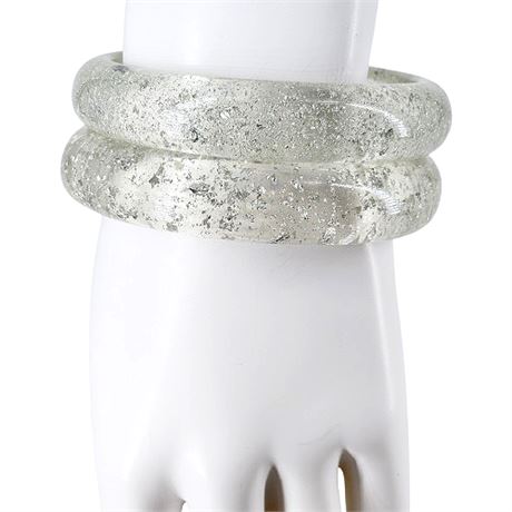 Pair Vintage Mod Silver Flecked Clear Lucite Bangle Bracelets