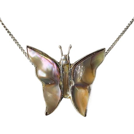 Vintage Taxco Sterling Silver Abalone Butterfly Pendant Necklace