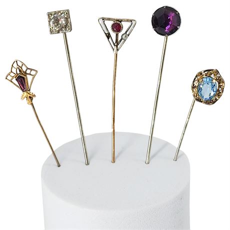 5 Vintage Stick Pins w/ Real & Faux Gemstones