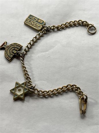 Gold tone, chain-link, Star of David menorah  Jewish charm bracelet