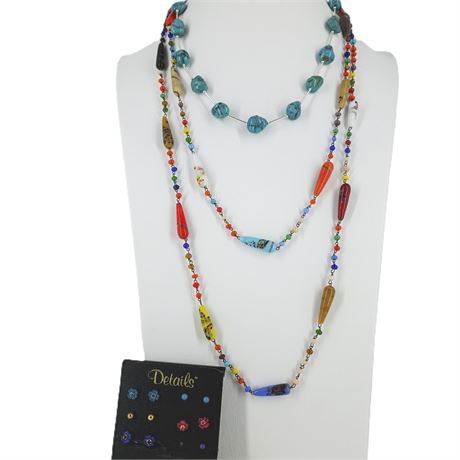 Vintage Jewelry Lot – Turquoise Tone Necklace, Colorful Art Glass, Earring Set