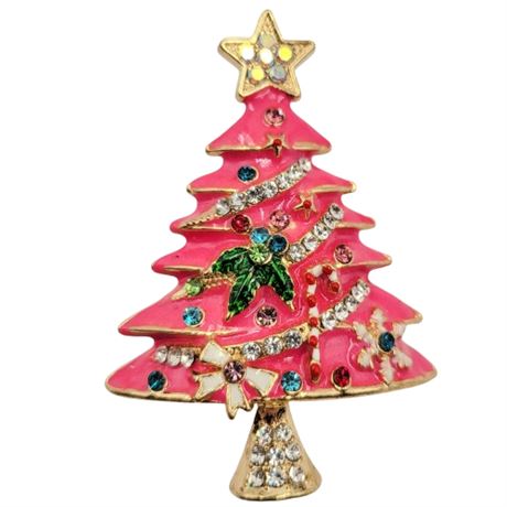 Vintage Pink Enamel and Rhinestone Christmas Tree Brooch