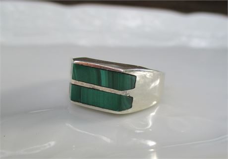 Mexico 925 Sterling Silver Malachite Inlay Ring Sz 9.25