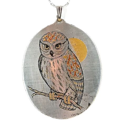 Vintage Reed & Barton Damascene Owl Pendant Necklace 24K Gold Silver Accent