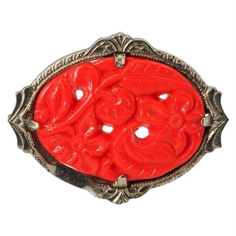 Vintage Molded Red Floral Glass Brooch