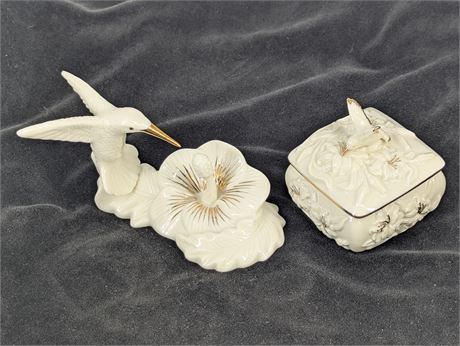 Lot 2 Lenox Hummingbird Ring Holder Figurine + Trinket Box