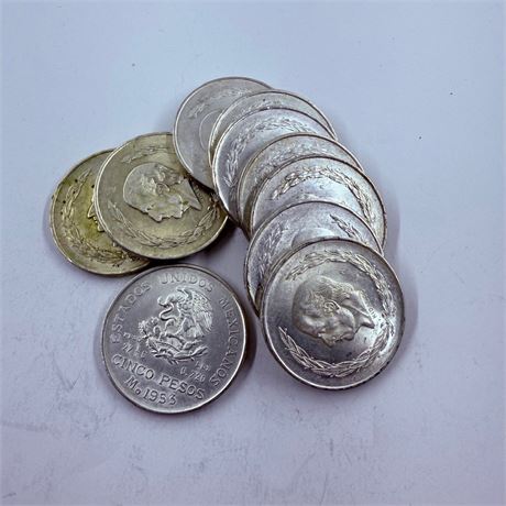 10 BU 1953 Hidalgo 5 Peso Silver Coins