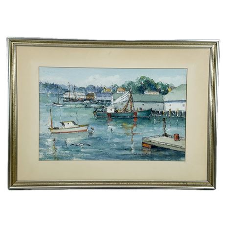 Framed Original Watercolor Oceanside Dock Landscape by Ethel B. Fowler