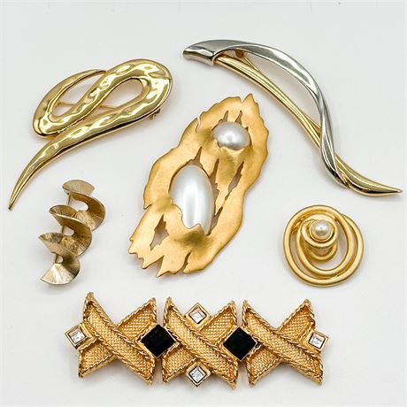 Lot of 6 Vintage Gold & Silver Tone Abstract Brooches
