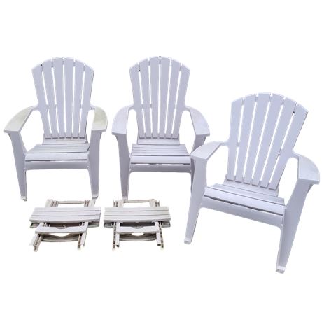Light Gray Plastic Adirondack/Patio Chairs with a Pair of Small Folding Tables