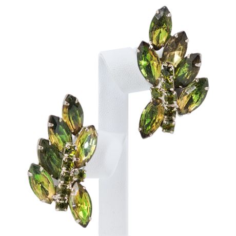 Vintage Large Prong Set Green Rhinestone Navette Climber Clip Earrings