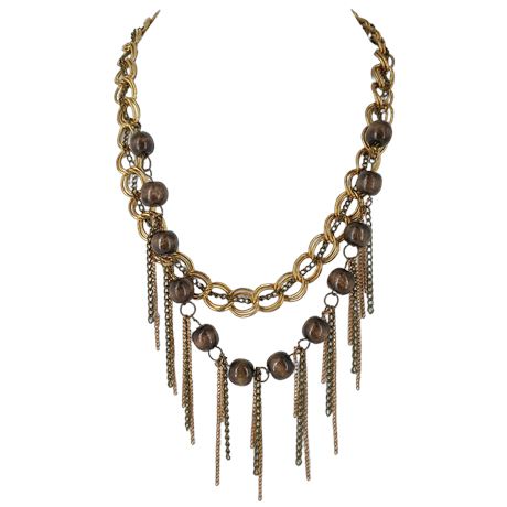 Mixed Gold-Tone & Antiqued Chain with Wood Beads and Tassel Fringe