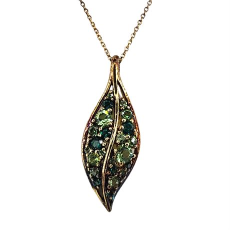 14K Gold Over Sterling Green Crystal Leaf Necklace, New in Box