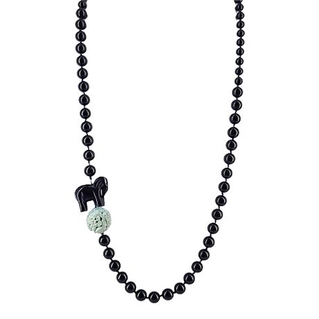 Vintage Chinese Black Onyx Beaded Necklace w/ Carved Elephant & Shou Bead