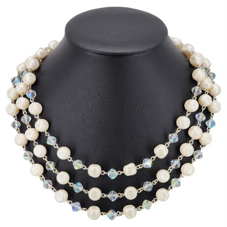 Vintage JAPAN Aurora Crystal & Faux Pearl 3-Strand Rosary Chain Necklace