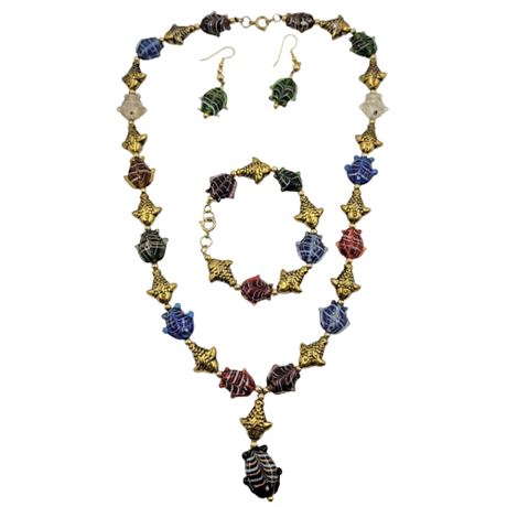 Plastic and Glass Bead Fish Necklace, Bracelet and Dangle Earring Set
