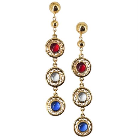 Vintage Gold Tone Red White & Blue Glass Dangle Earrings
