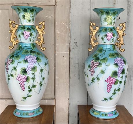 Pair German Vintage Dresden Porcelain Hand Painted Hall Vases