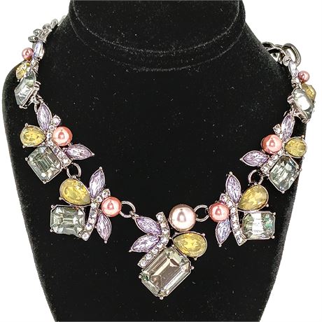 Multicolor Statement Necklace – Faceted Glass & Faux Pearls, Signature