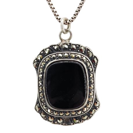 Vtg Sterling Silver Black Onyx & Marcasite Pendant Necklace, Flawed