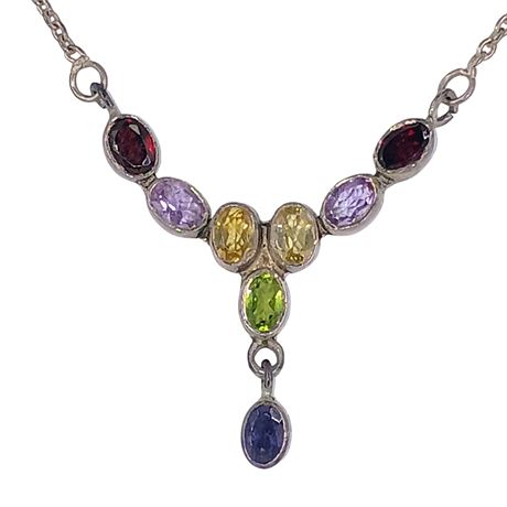 Sterling Multi-Stone Drop Necklace with Oval Gemstone Accents