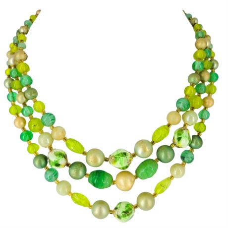 Vintage Lime Green Triple Strand Beaded Necklace